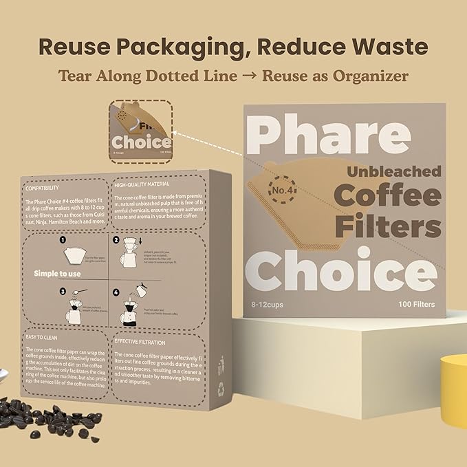 #4 Coffee Filters, 100 Count, Fits Ninja and Cuisinart 8-12 Cup Coffee Makers, Natural Unbleached Paper, No Blowout Design, Compatible with Pour Over Cones