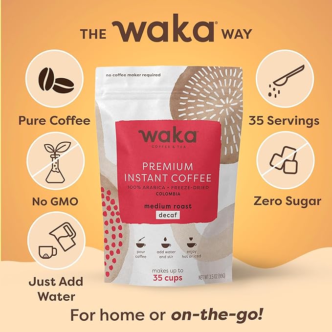 Waka Instant Coffee, Decaffeinated Medium Roast - 100% Arabica Colombian Beans, Freeze Dried Granules, No Sugar or Additives - Bulk Bag for Quick Hot and Iced Coffees, Up to 35 Cups (3.5oz)