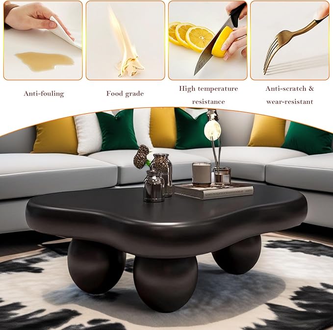 Irregular Cloud Coffee Table with 3 Stable Durable Ball Legs Asymmetrical Chic Low Center Table - Spacious Table for Cups Snacks Fruits Photo (L-39.37in)