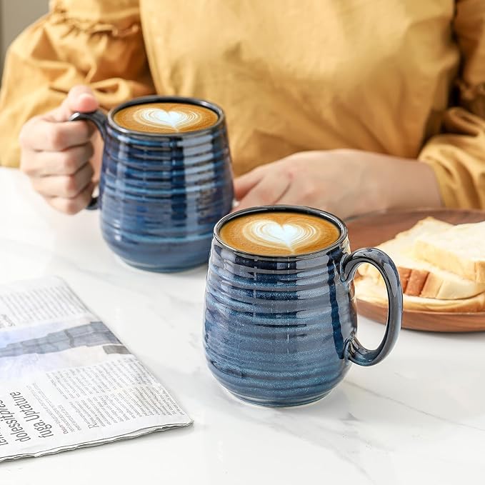20 oz Stoneware Coffee Mugs, Large Ceramic Coffee Cups Set of 2 for Tea Soup Cereal Cocoa, Pottery Mugs for Office and Home, Unique Latte Cups for Men/Women Gift, Blue