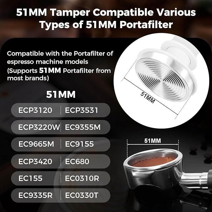 IKAPE 51mm Espresso Tamper, Premium Barista Coffee Tamper with Calibrated Spring Loaded, 100% Flat Stainless Steel Base Tamper for Espresso Machine(White)