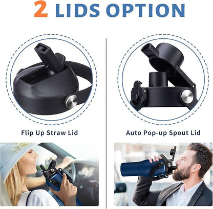 32 oz Stainless Steel Water Bottle with Straw - Spout Lid, Carrier Bag, Keep Cold-48H & Hot-24H Vacuum Insulated Flask Water Bottles Fits in Car Cup Holder, Bike, Coffee Travel Mug