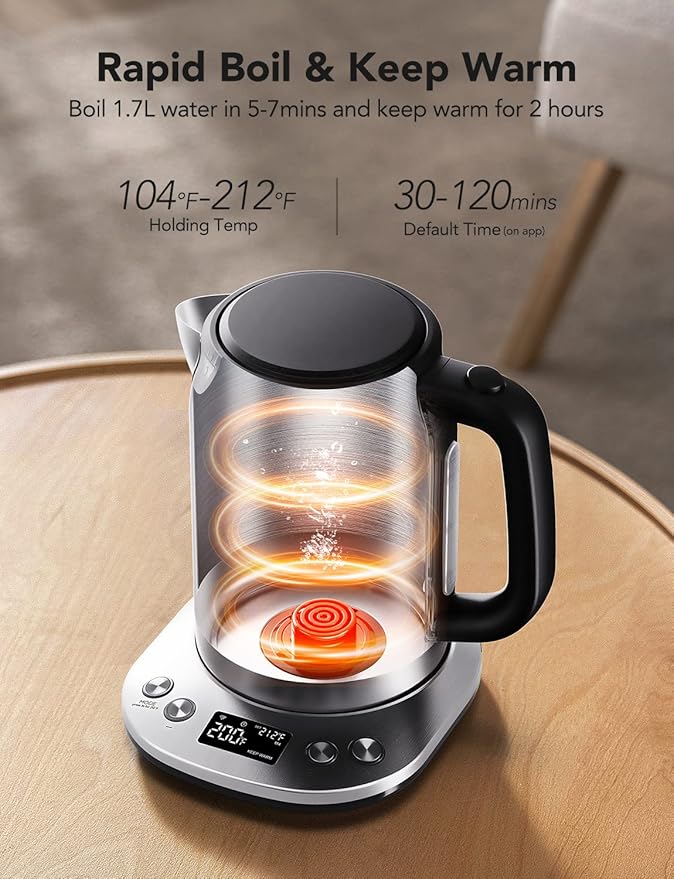GoveeLife Smart Electric Kettle Temperature Control, WiFi Electric Tea Kettle with Alexa Control, 1500W Rapid Boil, 2H Keep Warm, 1.7L BPA Free Stainless Steel Water Boiler for Tea, Coffee, Oatmeal