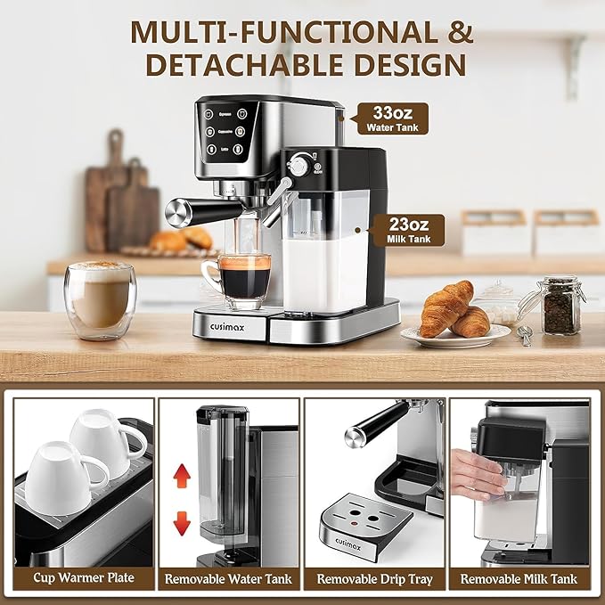 Espresso and Cappuccino Machine 20 Bar, Latte Machine with Automatic Milk Frother, Espresso Maker in Stainless Steel Design,1350W Coffee Maker with Touchscreen for Home (Silver)