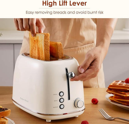 Roter Mond 2 Slice Toaster Retro Stainless Steel with Bagel, Cancel, and Defrost Functions, 6 Bread Shade Settings, Extra Wide Slots and Removable Crumb Tray, Cream