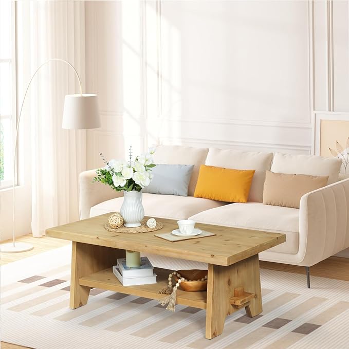Farmhouse Wood Coffee Table - 43.4” Mid Century Modern Wooden Coffee Tables for Living Room, Solid Firwood Tabletop Rectangle Coffee Table, Center Table for Living Room, Natural Wood Color