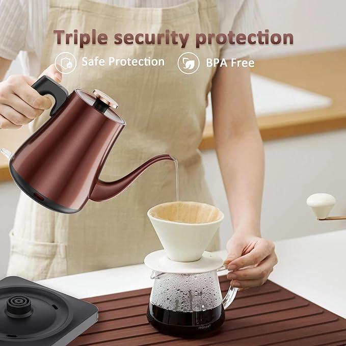 Gooseneck Electric Kettle 1.0L, 1000W Rapid Boil In 4 Min, Stainless Steel Tea Kettle, Pour Over Coffee Kettles For Office/Tea/Travel/Kitchen, Auto Shut-Off, Vintage Copper Color, BPA-Free