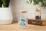 Load image into Gallery viewer, Silver Buffalo Disney Lilo and Stitch Ohana Floral Glass Jar Tumbler with Bamboo Lid and Glass Straw, 16 Ounces