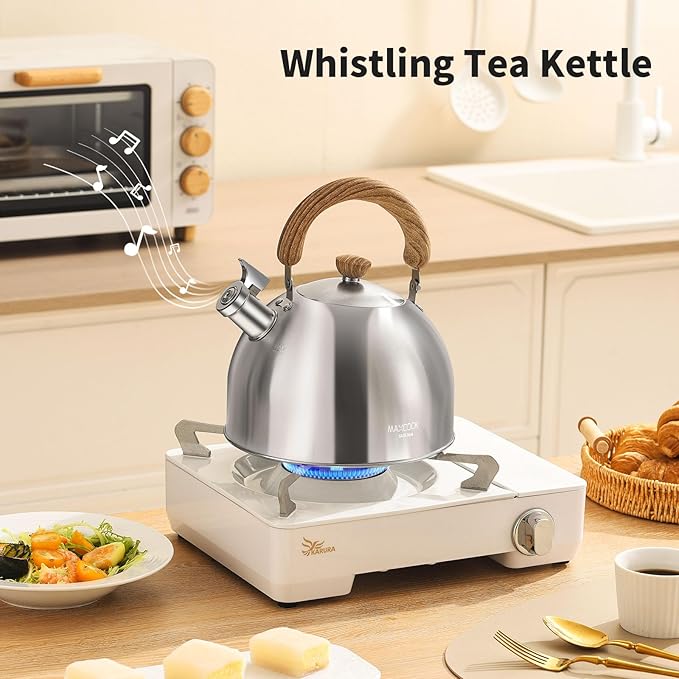 Tea Kettle, 18/8 Stainless Steel Whistling Teapot, 5.29 Quart Camping Tea Kettle for Stovetop, Water Coffee Pot with Anti-Hot Wood Handle (5L,Silver)