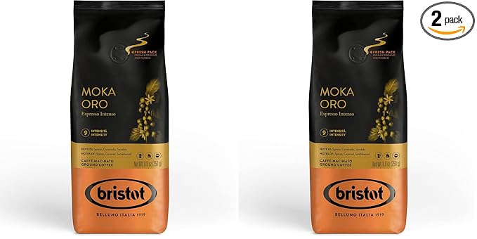 Bristot Moka Oro Ground Coffee | Italian Ground Espresso | Medium Roast | For Moka, French Press, Pour Over | 8.8oz/250g (Pack of 2)