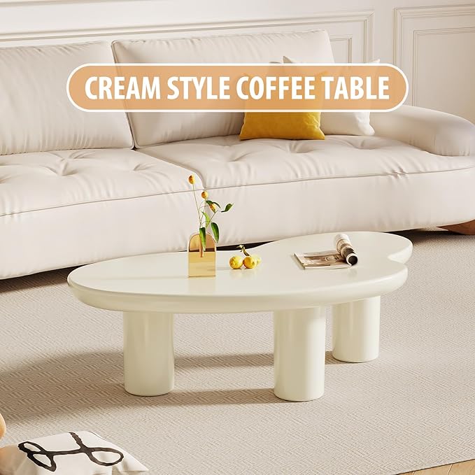 Cloud Coffee Table, 42.24" Irregular Cream White Coffee Table with 3 Legs, Modern Center Table for Living Room, Indoor Tea Table, Easy Assembly