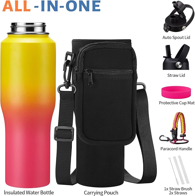 Water Bottle with Straw - 32 40 OZ Water Bottle that Fits in any Car Cup Holder, Water Flask with Straw & Spout Lids, Paracord Handle, Insulated Water Bottle for Travel Gym Office Women