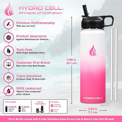 HYDRO CELL Stainless Steel Insulated Water Bottle with Straw - For Cold & Hot Drinks - Metal Vacuum Flask with Screw Cap and Modern Leakproof Sport Thermos for Adults (White/Pink 24oz)