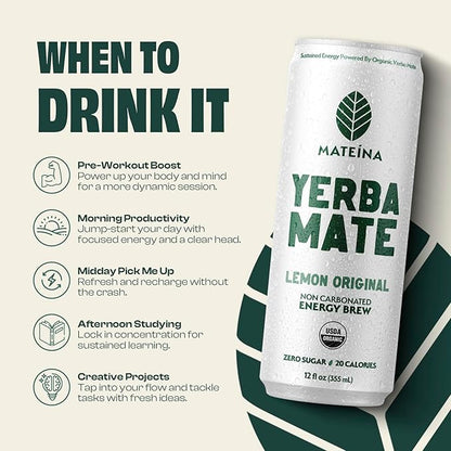 Mateina Yerba Mate Zero Sugar Energy Drink – 120mg Natural Caffeine – Organic, Non-GMO, Non-Carbonated – Dr. Andrew Huberman Recommended – 12 Pack (12oz Cans) (12 Pack, Lemon Original)