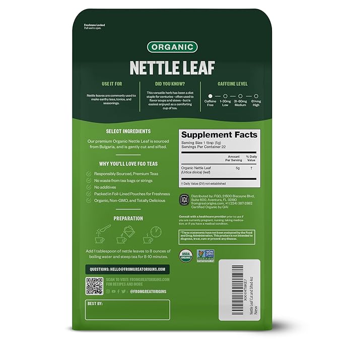FGO Organic Nettle Leaf Loose Tea, Cut and Sifted, Caffeine Free, 4oz Resealable Bag, Packaging May Vary (Pack of 1)