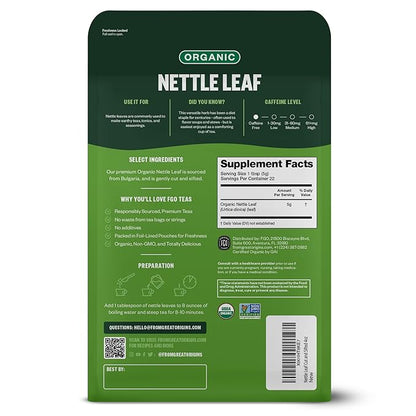 FGO Organic Nettle Leaf Loose Tea, Cut and Sifted, Caffeine Free, 4oz Resealable Bag, Packaging May Vary (Pack of 1)