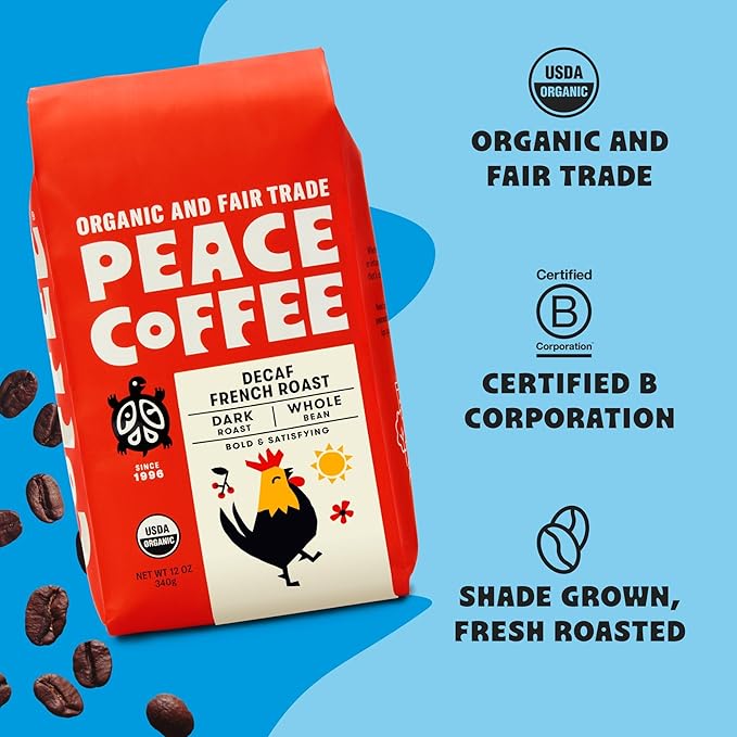 Peace Coffee Decaf French Roast | 20 oz Whole Bean Dark Roast | Organic Fair Trade | Rich, Bold Flavor | Shade Grown, Fresh Roasted