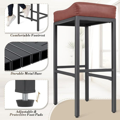 Athena Collection Counter Height Bar Stools Set of 2, 31.5 Inches Saddle Bar Stools with Leather Upholstered and Metal Legs, Backless Barstools for Counter, Kitchen Island, Dining Room, Mocha