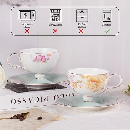 KAMMAK Ceramic Coffee Cups Saucers Set of 2, Porcelain Espresso Cups with Saucers, 7.44 oz Handcrafted Elegant Bone China Tea Cups, Yellow Peony Floral Pattern Teacup for Party, Office, Women Gift