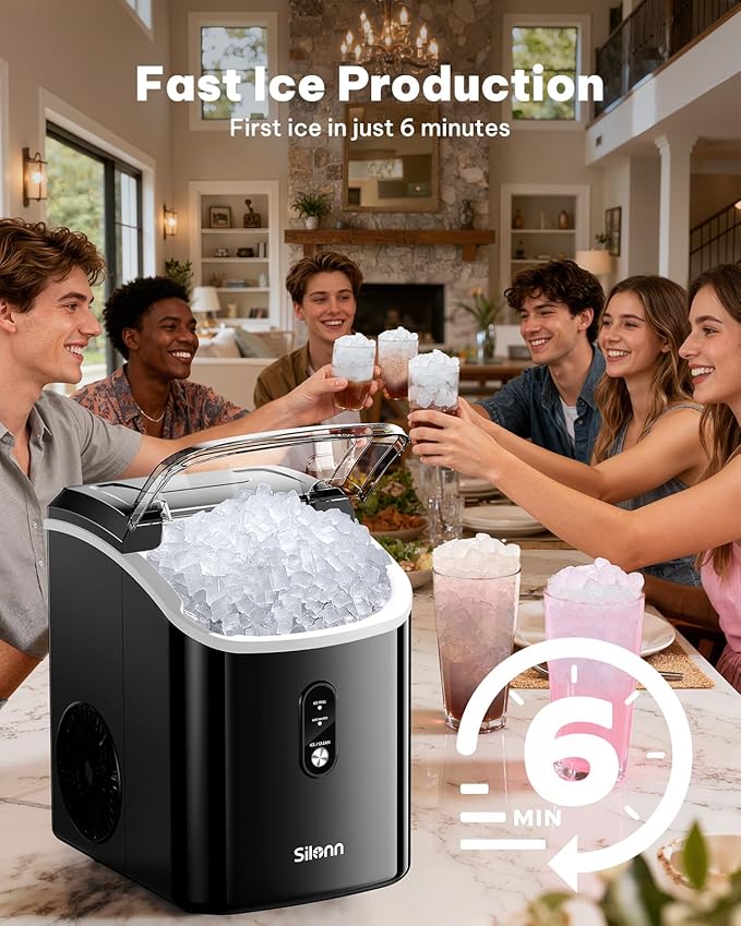 Silonn Nugget Ice Makers Countertop, Chewable Pellet Ice Machine with Self Cleaning Function, Portable Pebble Ice Maker with Ice Scoop for Home Kitchen Office, Black