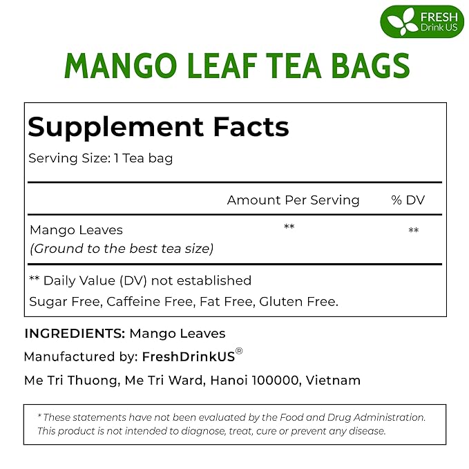 FreshDrinkUS, Premium 60 Mango Leaf Tea Bags, 100% Natural & Pure from Mango Leaves. Loose Leaf Herbal Tea. No Sugar, No Caffeine, No Gluten, Vegan.
