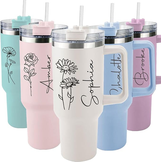 ThermoThrill Ships Next Day, Personalized 40 Oz Tumbler with Handle and Straw Custom Tumbler with Text Stainless Steel Mug Birthday Gifts for Women