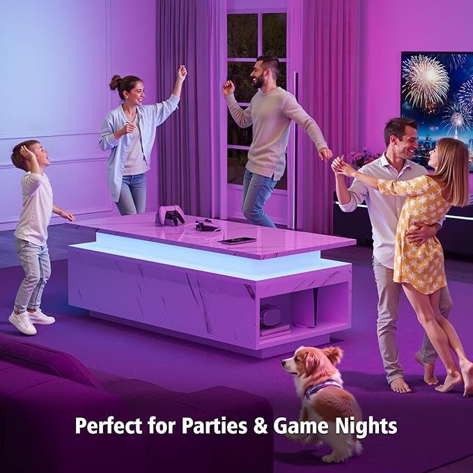 LED Coffee Table, 47.2" Coffee Tables for Living Room with Wireless Charging & Bluetooth Speaker, Smart Center Table for Living Room with Storage, White Marble Tables