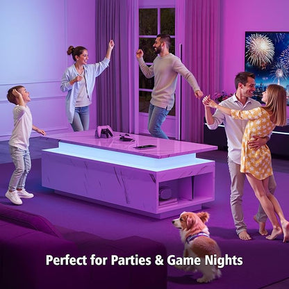 LED Coffee Table, 47.2" Coffee Tables for Living Room with Wireless Charging & Bluetooth Speaker, Smart Center Table for Living Room with Storage, White Marble Tables