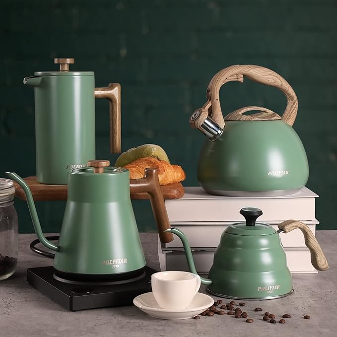 Poliviar Tea Kettle, 2.7 Quart Seaweed Green Finish with Wood Pattern Handle Loud Whistle Food Grade Stainless Steel Teapot, Anti-Hot Handle and Anti-Rust, Suitable for All Heat Sources (JX2020-SB30)