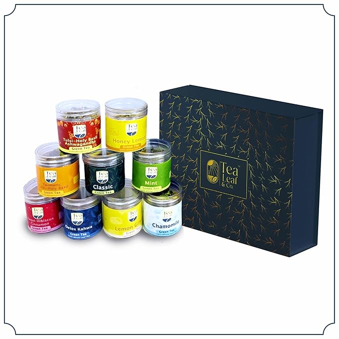 Tea Leaf & Co. Harmony Pure Delight 9 Pack Premium Tea Gift Combo Box (Classic, Tulsi Ashwagandha, Lemon Ginger, Mint, Detox Kahwa, Turmeric Tulsi, Honey Lemon, Sweet Hibiscus & Green Chamomile) - 8Oz