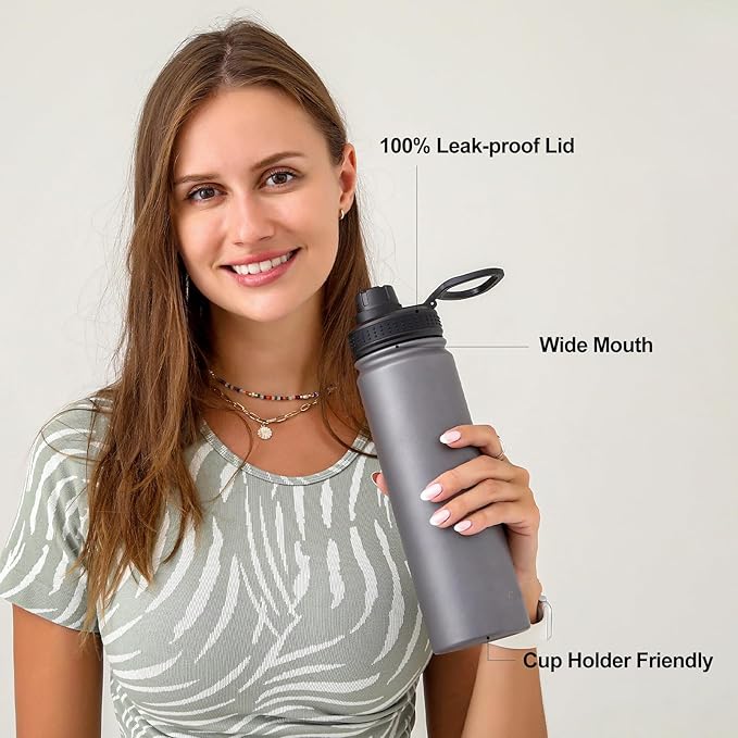 mininoo 24 oz Insulated Water Bottle with Straw Lid, Stainless Steel Double Wall Vacuum, Leak Proof, BPA Free, Keep Cold for 24H & Hot for 12H(Grey)