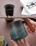 Load image into Gallery viewer, ZENS Embossed Ceramic Tea Mug with Infuser and Lid, 14.5 oz Wooden Handle, Loose Leaf Tea Steeper Cup &amp; Strainer for Tea Lovers Gifts