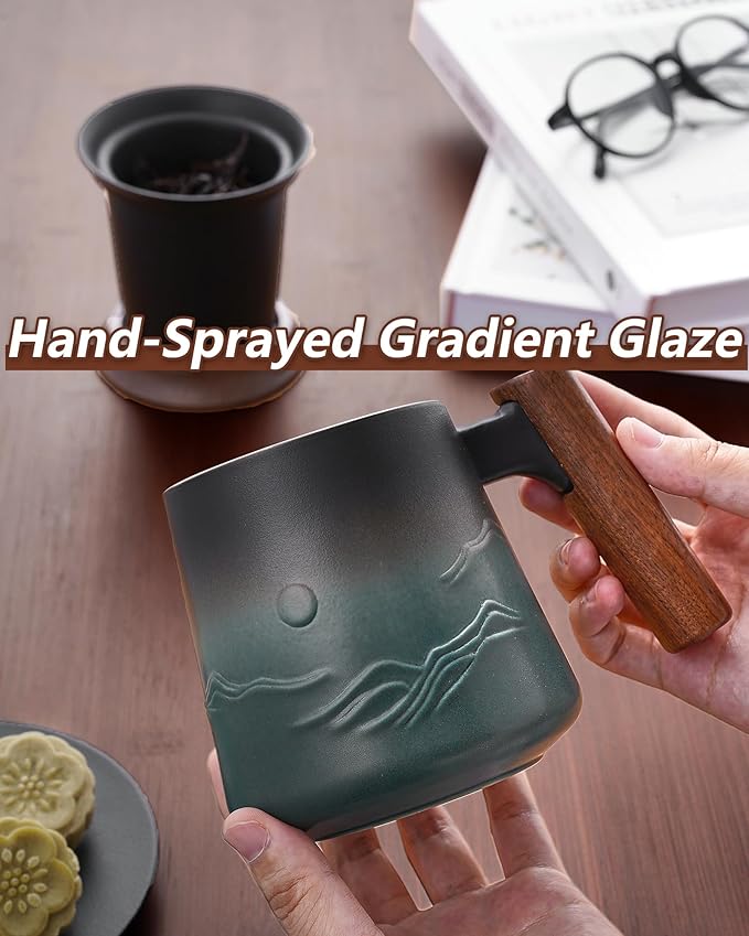 ZENS Embossed Ceramic Tea Mug with Infuser and Lid, 14.5 oz Wooden Handle, Loose Leaf Tea Steeper Cup & Strainer for Tea Lovers Gifts