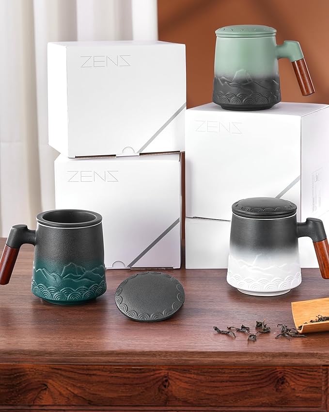ZENS Tea Mug with Infuser and Lid for Loose Leaf Tea Steeper, 16.9oz Embossed Ceramic Tea Cup with Fine Tea Strainers, Wood Handle Large Diffusers Mugs for Tea Lovers Gifts