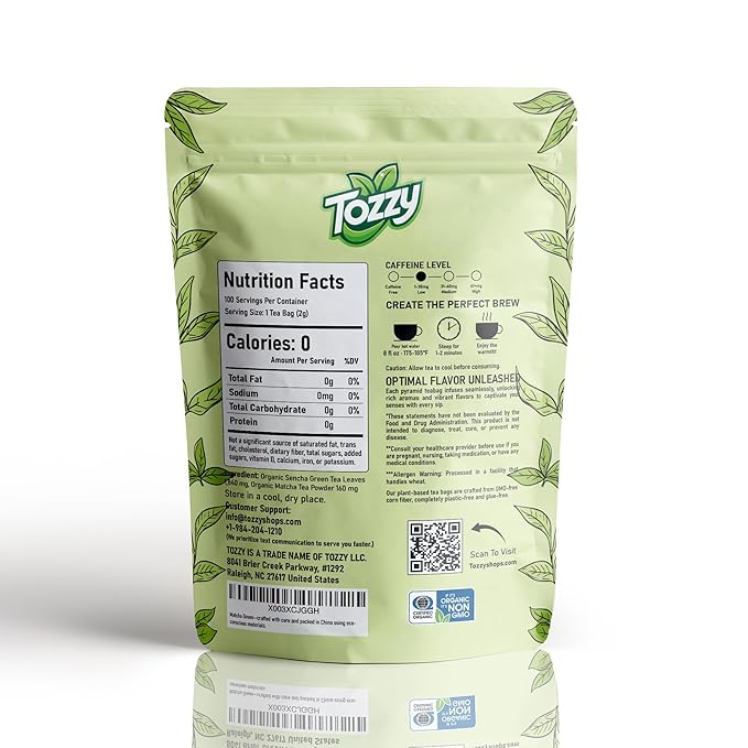 Tozzy Organic Matcha Green Tea - 100 Count | Pyramid Tea Bags (Plant-Based & Eco-conscious) | Ceremonial Matcha + Whole Leaf Sencha | Pure Ingredients
