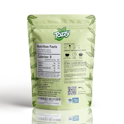 Tozzy Organic Matcha Green Tea - 100 Count | Pyramid Tea Bags (Plant-Based & Eco-conscious) | Ceremonial Matcha + Whole Leaf Sencha | Pure Ingredients