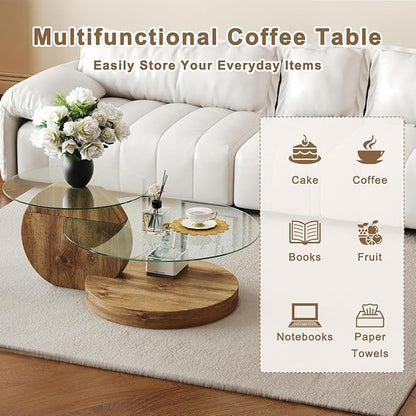 42 Inch Glass Coffee Table，Round Coffee Table with 2-Tier Tempered Glass Tabletop，Easy to Clean Circle Coffee Table with Sturdy Base for Living Room，Office （Brown Colored Base）