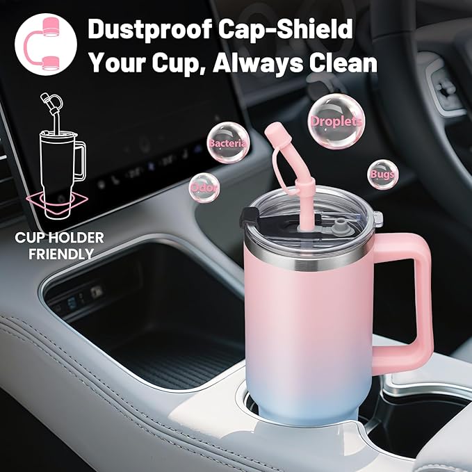 40 oz Tumbler with Handle, Straw and Spout 2-in-1 Lid, Spill Proof Travel Coffee Drink Mug, Stainless Steel Insulated thermal Cup Keep Cold-34H, Water Bottle with Straw Tips& Silicone Boot