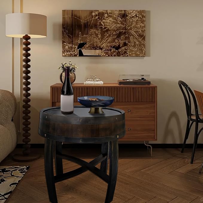 Medieval Retro Wine Barrel Design Coffee Table Wooden Round Creative End Table for Indoor Outdoor, 23" Brown Barrel Tables for Livingroom Small Spaces Outdoor Courtyard Farmhouse Balcony