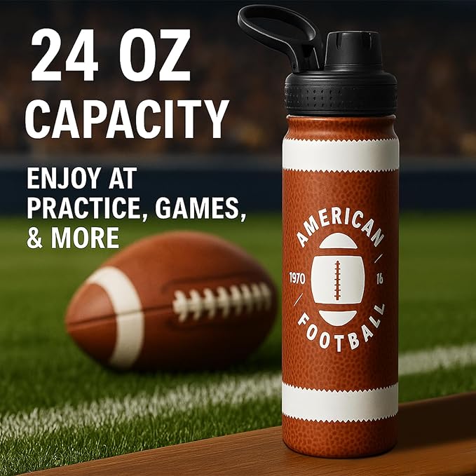 Football Water Bottle, 24 oz Insulated Stainless Steel Sports Bottle with Straw, Football Stuff Gifts for Boys