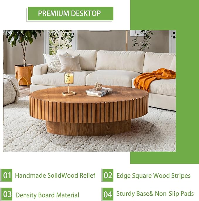 Handmade Oval Grooved Drum-Shaped Coffee Table、Rustic Modern Circular Centerpiece for Living Room & Farmhouse Decor、Easy to Clean (C Wood 43in)