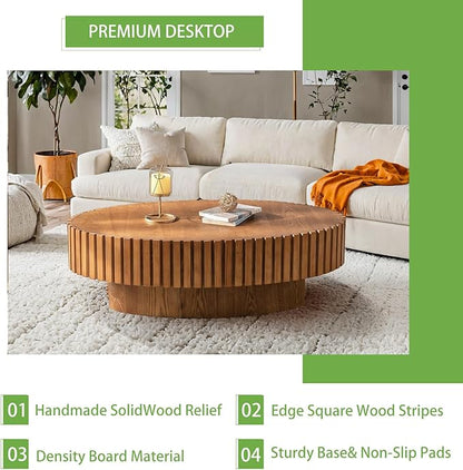 Handmade Oval Grooved Drum-Shaped Coffee Table、Rustic Modern Circular Centerpiece for Living Room & Farmhouse Decor、Easy to Clean (C Wood 43in)