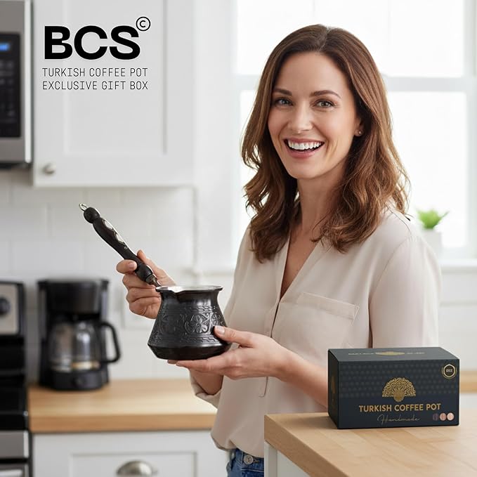 BCS 18 Oz X-Large Copper Turkish Greek Arabic Coffee Pot with Wooden Handle (6 servings) Cezve Briki Ibrik Stovetop Coffee Maker (Includes Wooden Spoon)