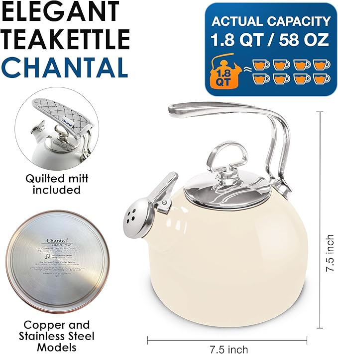 Chantal Classic Teakettle, 1.8 QT, Enamel On Steel, 2-Tone Harmonica Whistle, Rapid Boil and Even Heating (Almond)