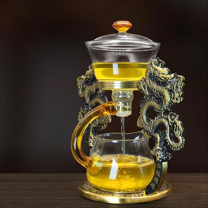 Semi Automatic Drip TeaPot, Lazy Kung Fu Glass Magnetic Tea Set, Pure Copper Heat Resistant Glass Magic Teapot Set, Suitable for home/office Reception Tea Set, Perfect for Holiday Gifts