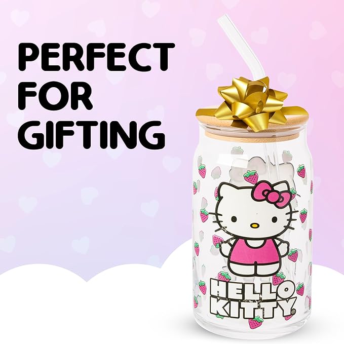 Silver Buffalo Sanrio Hello Kitty Strawberry Glass Jar Tumbler with Bamboo Lid and Glass Straw, 16 Ounces