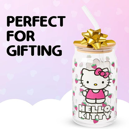 Silver Buffalo Sanrio Hello Kitty Strawberry Glass Jar Tumbler with Bamboo Lid and Glass Straw, 16 Ounces