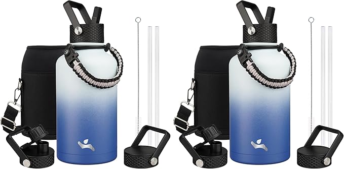 Half Gallon Insulated Water Bottle with Straw,64 oz 3 Lids Water Jug with Carrying Bag,Paracord Handle, Double Wall Vacuum Stainless Steel Metal Flask,Sky (Pack of 2)