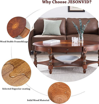 Solid Wood Oval Coffee Table with Drawer and Storage Shelf, Traditional Vintage Center Table Polished Edging Cocktail Tea Table for Living Room Bedroom Home, Cherry Walnut