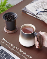 Load image into Gallery viewer, ZENS Tea Mug with Infuser and Lid for Loose Leaf Tea Steeper, 14.5 oz Embossed Ceramic Tea Cup with Fine Strainers and Wood Handle, Diffusers Accessories for Tea Lovers Gifts